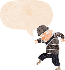 cartoon sneaking thief and speech bubble in retro textured style