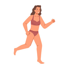 Female personage wearing swimming suit smiling and running. Summer vacation and recreation by beach coast or pool. Female cartoon character in bikini, vector in flat style