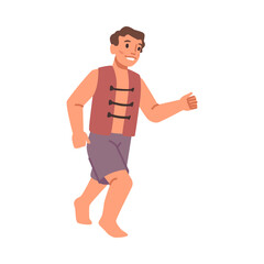 Boy child wearing saving inflatable jacket and swimming shorts running and smiling. Isolated kid resting by seaside or pool. Cartoon character, vector in flat style