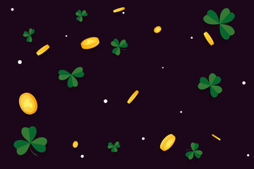 Happy Saint Patrick's Day background with clover, golden coins and place for text. Vector illustration. 