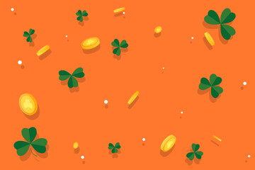 Happy Saint Patrick's Day background with clover, golden coins and place for text. Vector illustration. 