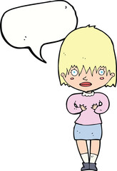 cartoon woman making Who Me? gesture with speech bubble