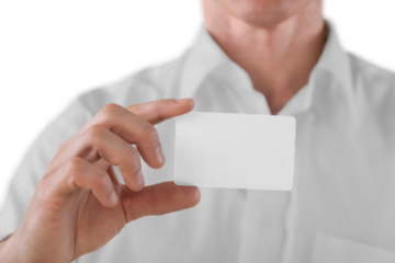 Businessman holds white blank card
