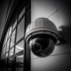 Security Camera mounted on a Building Entrance, black and white