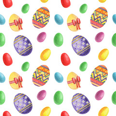 Watercolor seamless holiday pattern with colorful easter eggs. Illustration of traditional easter elements.