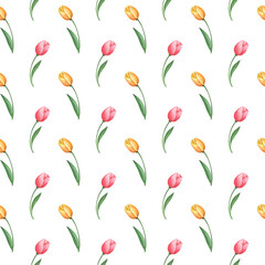 Watercolor seamless floral pattern with cute tulips. Elegant spring wallpaper for fabric, decor, wrapping paper.