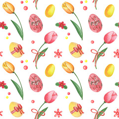 Obraz na płótnie Canvas Easter watercolor seamless pattern with tulips and colorful eggs. Symbols of easter for decor, packing, textile etc.