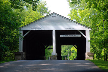 The Ramp Creek Covered Bridge, in Indiana, is a unique two laned covered bridge that spans a small creek in a park