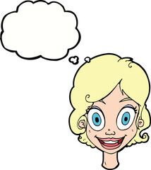 Cartoon happy woman with thought bubble
