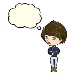 cartoon woman considering with thought bubble