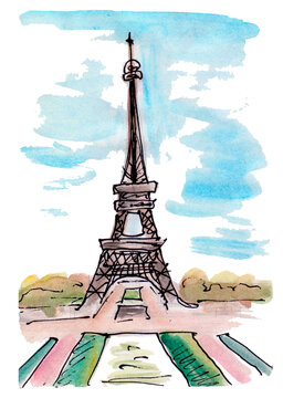 France, Paris urban sketch. Eiffel tower illustration on white background with blue sky. Architectural drawing of historical building. Ink, pencil, watercolor.