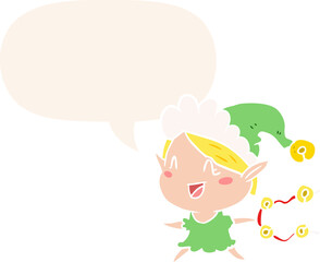 cartoon happy christmas elf and speech bubble in retro style