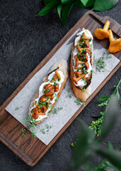 Two Bruschetta with chanterelles and Philadelphia cream cheese on a wooden board. Mushroom sandwich decorated with greens, top view