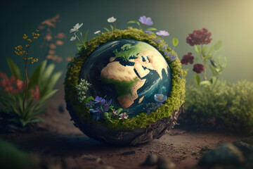 Naklejka premium Earth day concept. World with nature abstract background. Generative ai