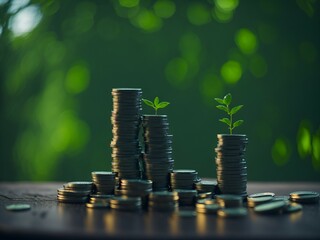 Plants growing on coin, stacking coins with green bokeh background, Business Finance and Money concept, Save money for prepare in the future, green finance, green growth, esg concept, protect