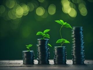 Plants growing on coin, stacking coins with green bokeh background, Business Finance and Money concept, Save money for prepare in the future, green finance, green growth, esg concept, protect