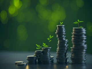 Plants growing on coin, stacking coins with green bokeh background, Business Finance and Money concept, Save money for prepare in the future, green finance, green growth, esg concept, protect