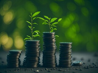 Plants growing on coin, stacking coins with green bokeh background, Business Finance and Money concept, Save money for prepare in the future, green finance, green growth, esg concept, protect