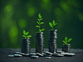 Plants growing on coin, stacking coins with green bokeh background, Business Finance and Money concept, Save money for prepare in the future, green finance, green growth, esg concept, protect