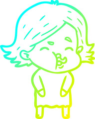 cold gradient line drawing cartoon girl pulling face