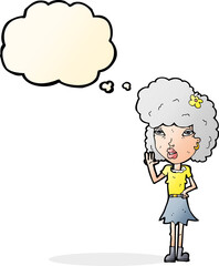 cartoon woman waving with thought bubble