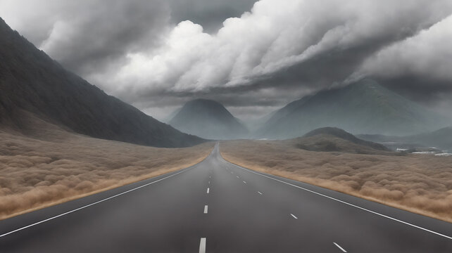 An empty road, a dark dramatic landscape as a background, a gloomy sky with rainy clouds, hills and a city in the distance. Generative AI.