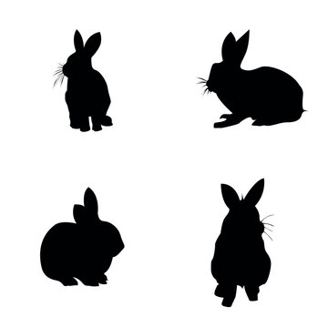 Vector black silhouettes of rabbits on white background, animal flat design.