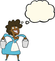 cartoon milkmaid carrying buckets with thought bubble