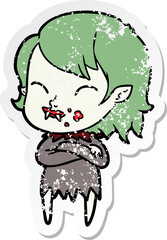 distressed sticker of a cartoon vampire girl with blood on cheek