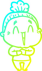 cold gradient line drawing cartoon happy old lady