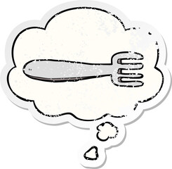 cartoon fork and thought bubble as a distressed worn sticker