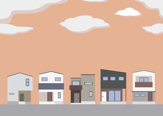 家　一戸建て　住宅　街並み　夕方　イラスト