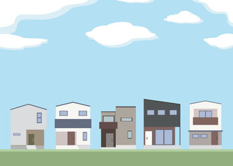 家　一戸建て　住宅　街並み　青空　イラスト