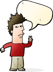 cartoon man giving peace sign with speech bubble