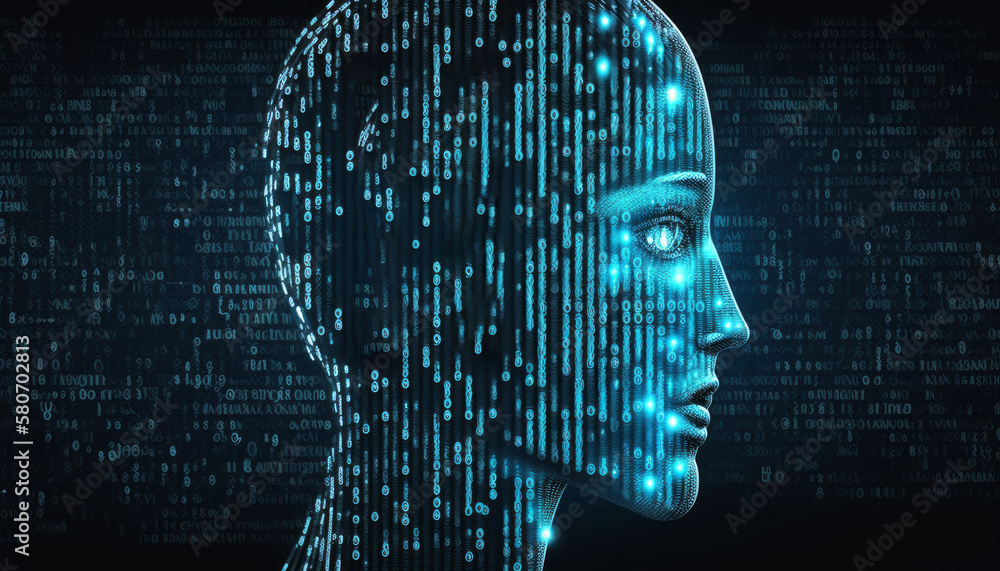 Poster artificial intelligence illustration with ai over binary code matrix background wallpaper. generativ