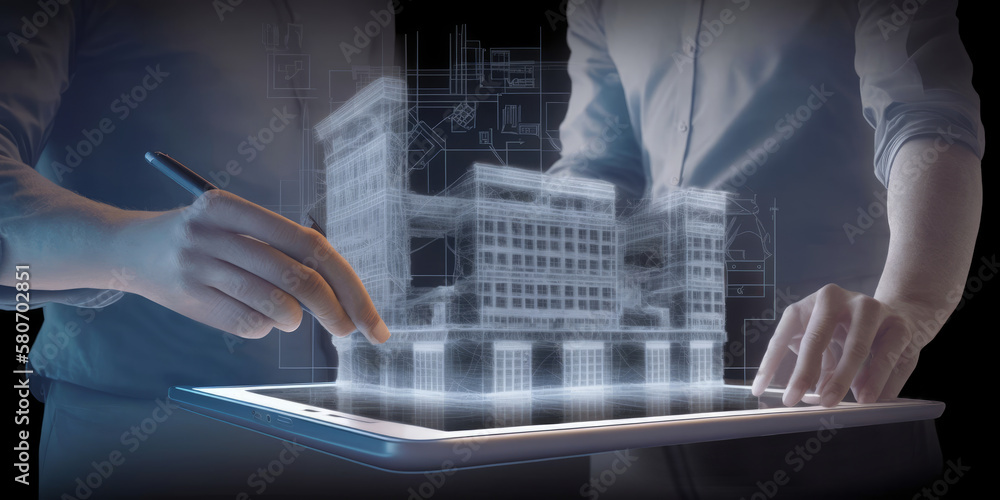 Poster holographic sketch of a three-dimensional building by architects on a tablet. - generative ai