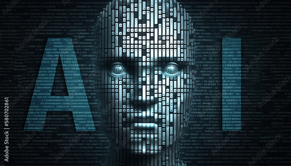 Poster artificial intelligence illustration with ai over binary code matrix background wallpaper. generativ
