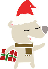 flat color illustration of a bear with present wearing santa hat