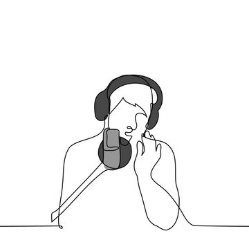 recommend clip art: man sits in headphones in front of a professional microphone and speaks gesturing - one line drawing vector. concept radio host, podcast