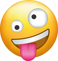 Zany emoji. Goofy emoticon with crazy eyes and tongue out.