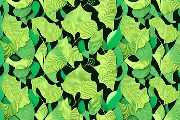 Abstract Retro Geometric Gingko Biloba Leaves Damask Style Seamless Pattern Trendy Fashion Colors Perfect for Allover Fabric Print or Wrappin Paper Vintage Concept Ecru Green Tones - generative ai