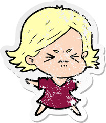 distressed sticker of a cartoon angry woman