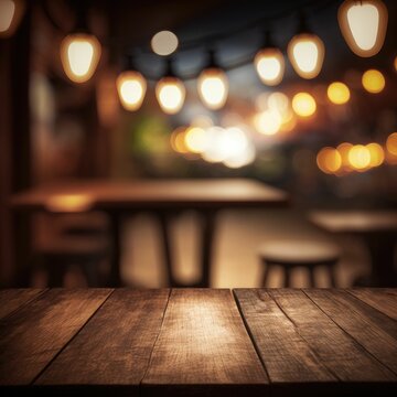Empty wooden table and blurred bar lights background for showcasing the product. Generative AI.