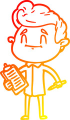 warm gradient line drawing happy cartoon man with pen and clipboard