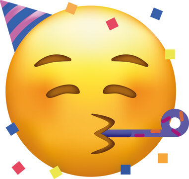 Partying emoji. Emoticon with party horn and hat.