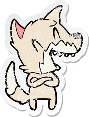 distressed sticker of a laughing fox cartoon