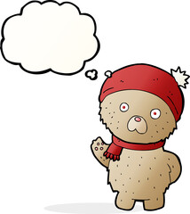 cartoon teddy bear in winter hat and scarf with thought bubble