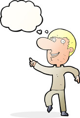 cartoon happy man dancing with thought bubble
