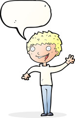 cartoon happy boy waving with speech bubble