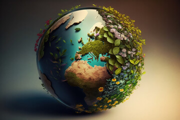 Fototapeta premium Earth day concept. World with nature abstract background. Generative ai
